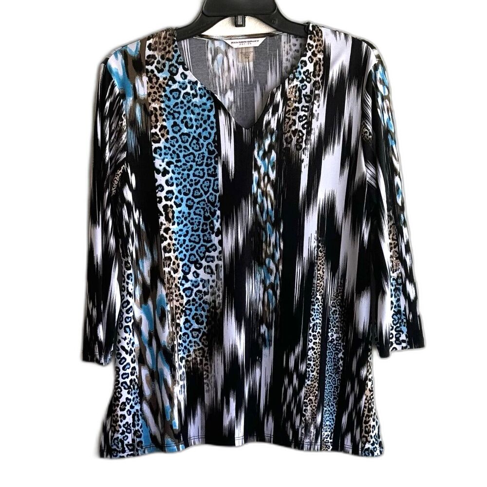Allison Daley Knit Top Blouse Animal Print Sz Small Petite 3/4 Sleeves Stretch